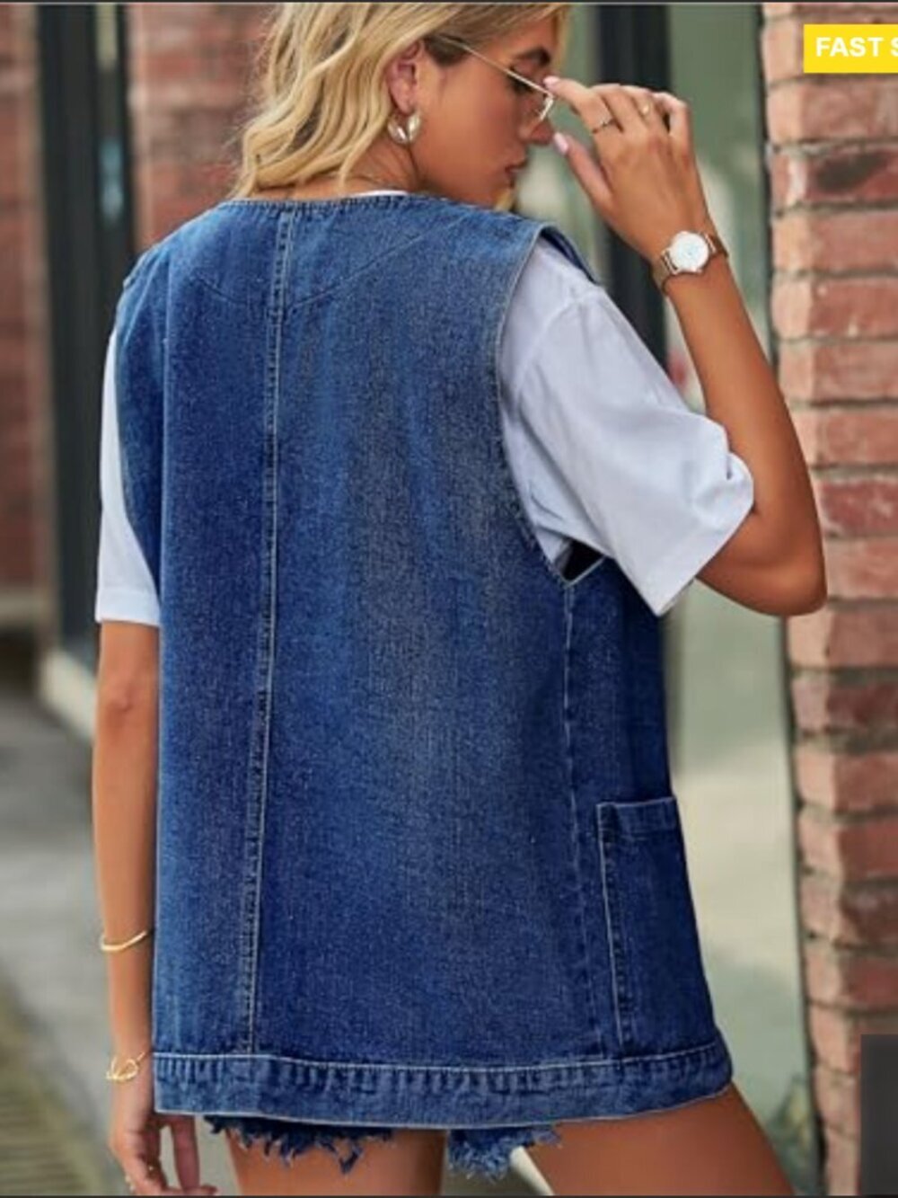 Oversized Denim Vest Sleeveless Button Down Casual Retro Y2K Waistcoat - Picture 4 of 6